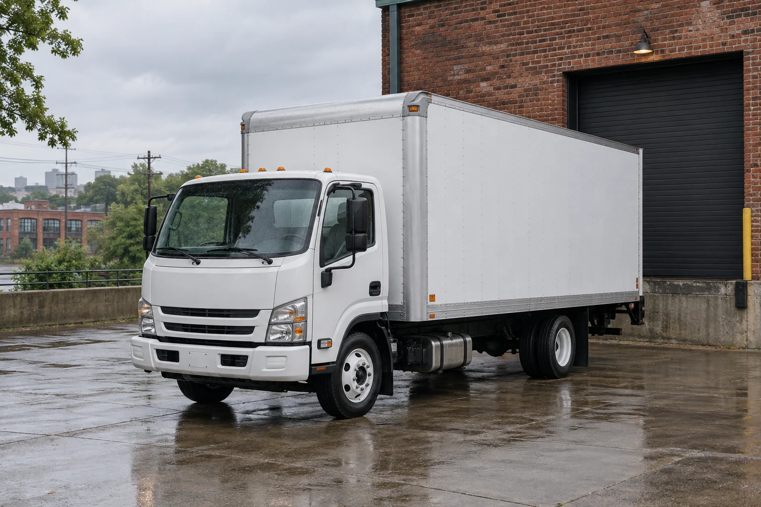 Unbranded white box truck beside a red-brick warehouse bay after rain