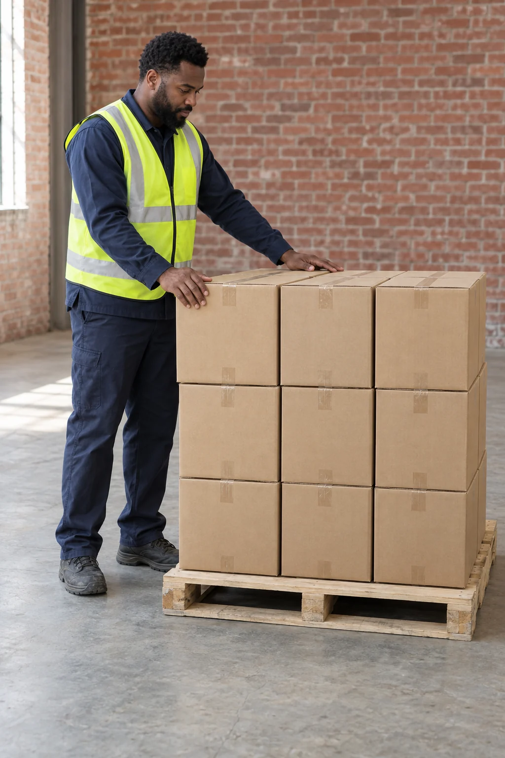 Warehouse worker checking the stability of cartons on one wooden pallet