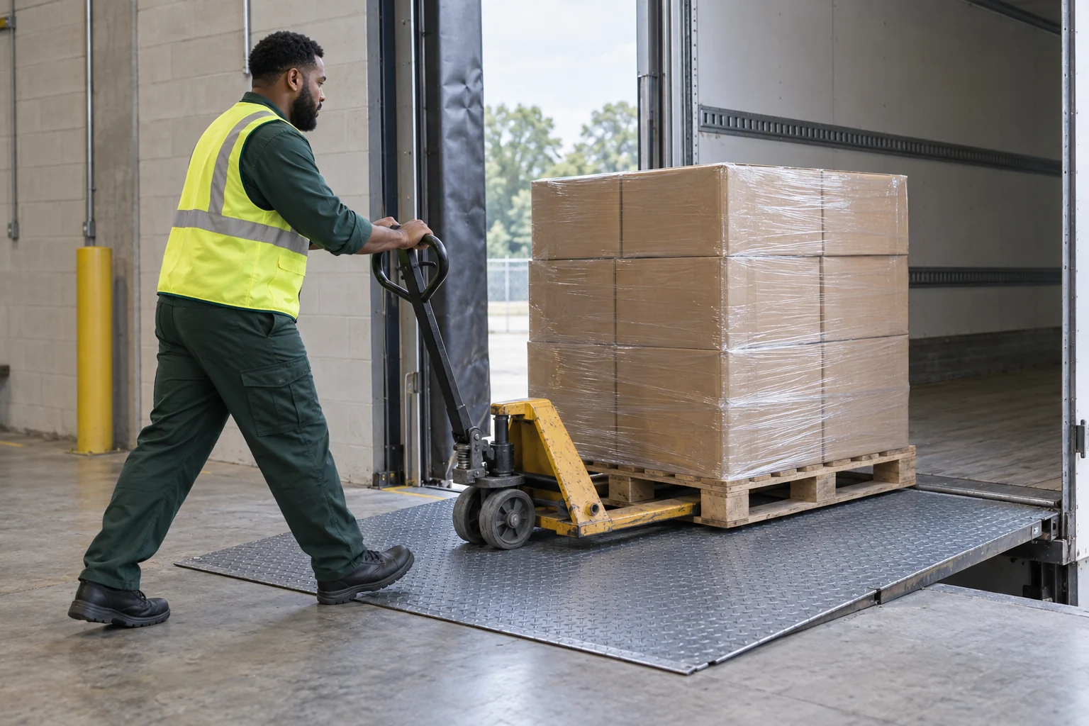 Warehouse worker guiding one pallet on a manual pallet jack across a dock plate
