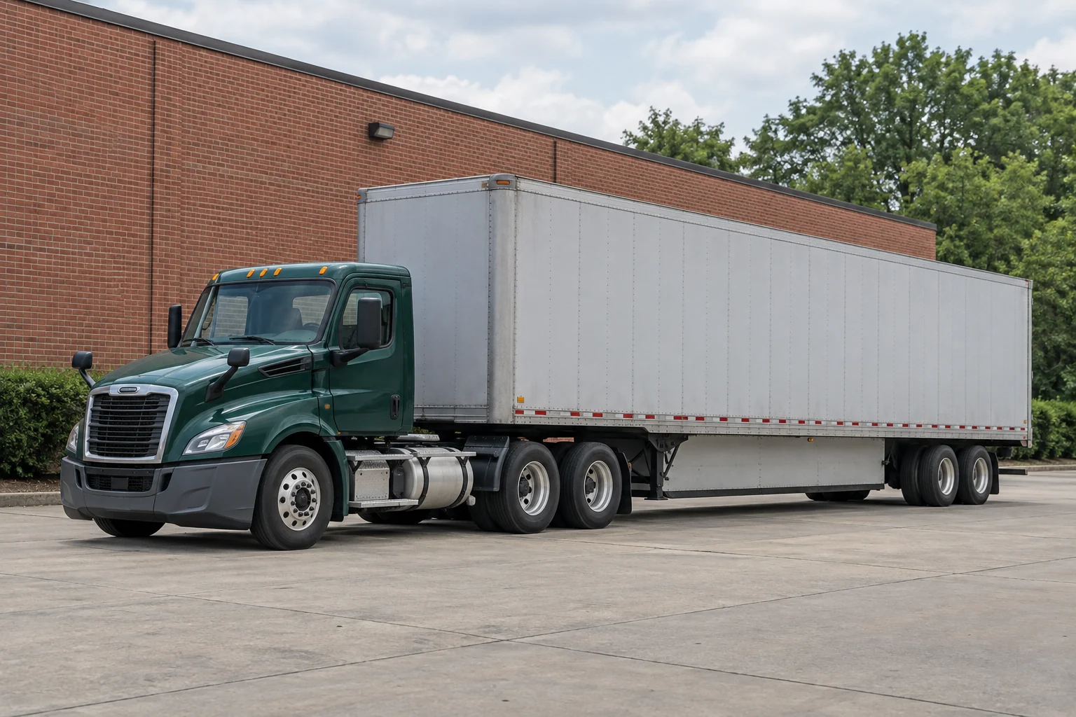Unbranded deep-green day-cab tractor and light-gray trailer on a brick warehouse apron